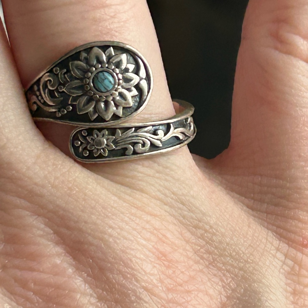 TURQUOISE RING Silver .925 Floral Adjustable Ring size 7 1/2